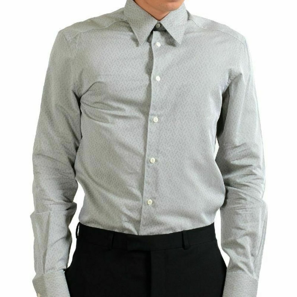 Versace Collection Men's "Trend" Gray Geometric Print Long Sleeve Dress Shirt
